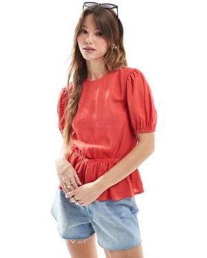 ASOS Linen Blend Peplum Top With Puff Sleeve - Red