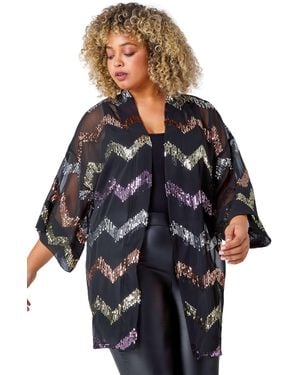 Roman Curve 3/4 Sleeve Sequin Zig Zag Kimono - Blue