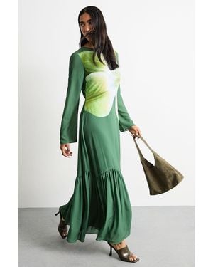 Warehouse Chiffon Placement Print Midaxi Dress - Green