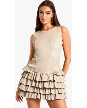 Boohoo Pu Ruffle Hem Mini Dress - White