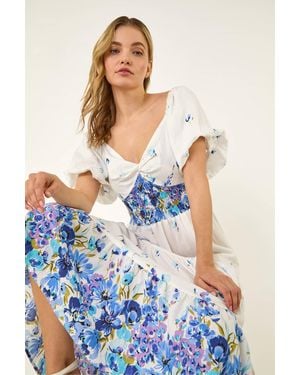 D.u.s.k Floral Print Puff Sleeve Midi Dress - Blue