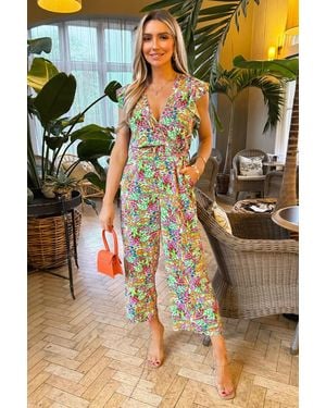 AX Paris Multi Floral Print V Neck Belted Jumpsuit - Green