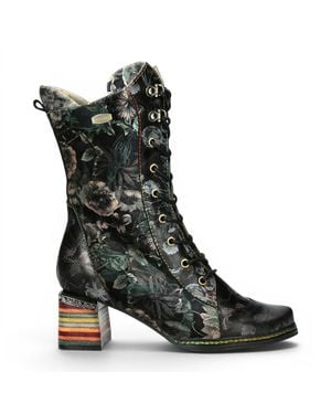 Laura Vita Goth Victorian Floral Leather High Lace-Up Boots - Black
