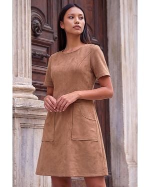 Roman Petite Faux Suede Stitched Dress - Brown