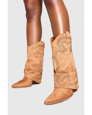 Boohoo Faux Suede Studded Foldover Western Boots - Natural