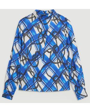 Karen Millen Plus Size Rope Print Viscose Crepe Balloon Sleeve Blouse - Blue