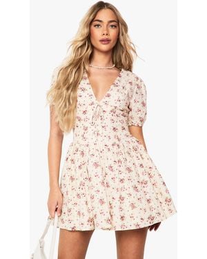 Boohoo Ditsy Floral Puff Sleeve Milkmaid Mini Dress - White