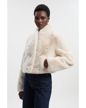 Karen Millen Crystal Embellished Faux Fur Short Coat - Natural