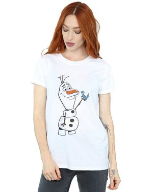 Disney Ladies Frozen 2 Olaf And Salamander Cotton Boyfriend T-Shirt - White