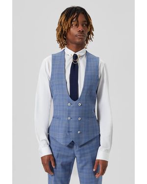 Twisted Tailor Breamore Skinny Fit Check Wool Waistcoat - Blue