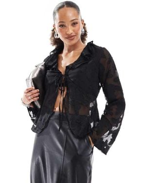 ONLY Front Tie Sheer Top With Embroidery Details - Blue