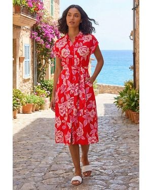 Roman Rose Print Belted Midi Dress - Red