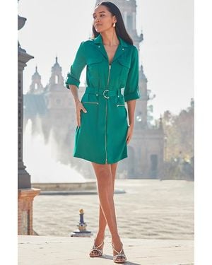 Sosandar Satin Zip Front Utility Shirt Dress - Blue