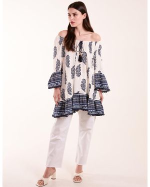 Blue Vanilla Mix Print Bardot Blouse With Tassel - Pink