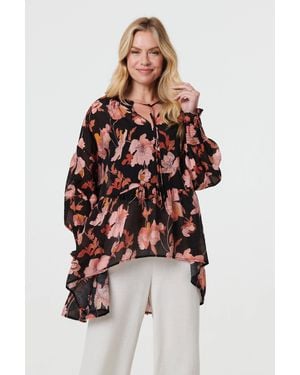 Izabel London Floral Long Sleeve Longline Tunic Blouse - Black