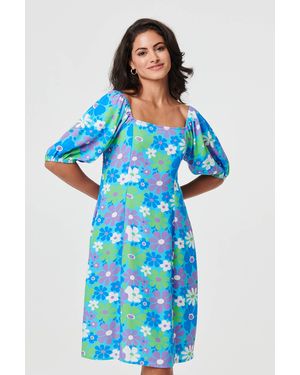 Izabel London Floral Square Neck Knee Length Dress - Blue