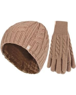 Heat Holders Ladies Fleece Lined Thermal Hat & Gloves Set For Winter - Brown