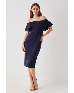 Debut London By Coast Ruffle Scuba Bardot Midi Dress - Blue
