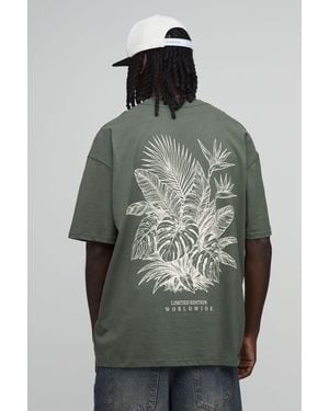 BoohooMAN Khaki Oversized Palm Line Drawn Print T-Shirt - Grey
