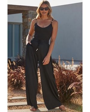 Sosandar Plisse Relaxed Fit Wide Leg Trousers - Black
