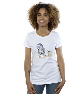 Star Wars Ladies The Mandalorian R2D2 And Grogu Cotton T-Shirt - White