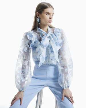 River Island Shirt Floral Print Tie Neck Embroidered Viscose - Blue