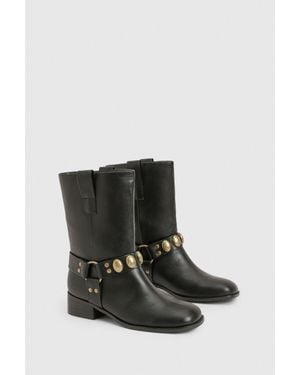Boohoo Hardware Harness Detail Biker Boots - Black