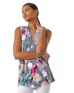 Roman Floral Print Pleat Front Vest - Blue