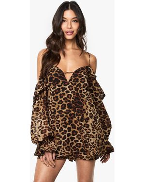 Boohoo Leopard Chiffon Cold Shoulder Ruffle Romper - Brown