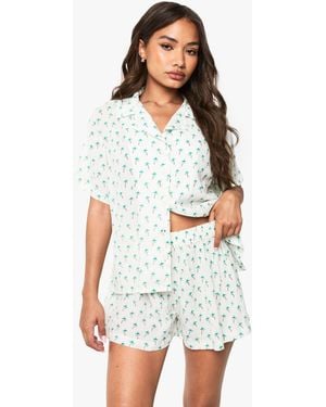 Boohoo Palm Tree Print Seersucker Short Sleeve Shirt & Shorts Pyjama Set - White