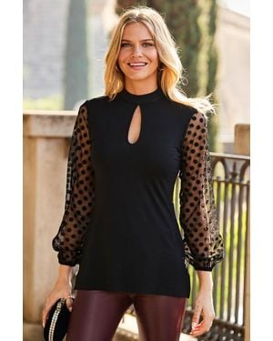 Sosandar Spot Mesh Sleeve Keyhole Detail Tunic Top Viscose - Black