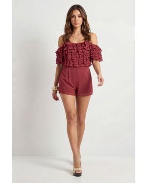MissPap Spot Detail Chiffon Ruffle Playsuit - Red