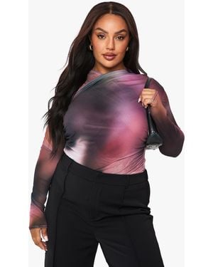 Boohoo Plus Printed Mesh Cross Over Bodysuit - Purple