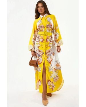 Msn-Collection Floral Maxi Dress With Shirt Collar And Tie Closure - Yellow