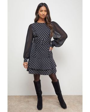 Oasis Polkadot Belted Balloon Sleeve Flippy Mini Dress - Blue