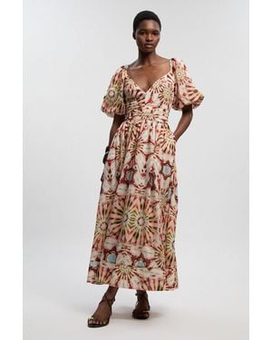 Karen Millen Tile Print Silk Cotton Volume Sleeve Woven Maxi Dress - Multicolour
