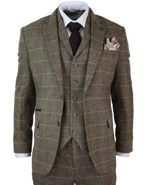 Infinity Leather 3 Piece Check Tweed Herringbone Vintage Classic Suit - Green
