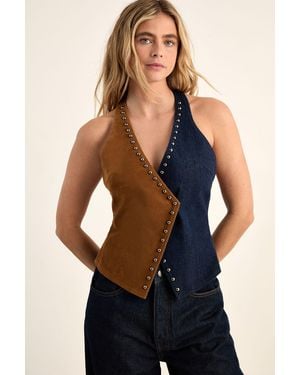 Nasty Gal Studded Suedette Denim Mix Asymmetric Halterneck Top - Blue