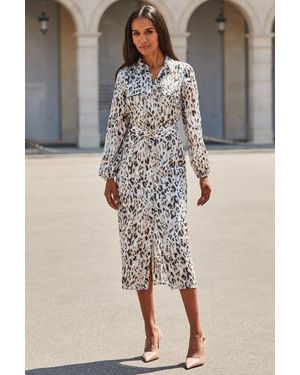Sosandar Leopard Print Belted Shirt Dress - Grey