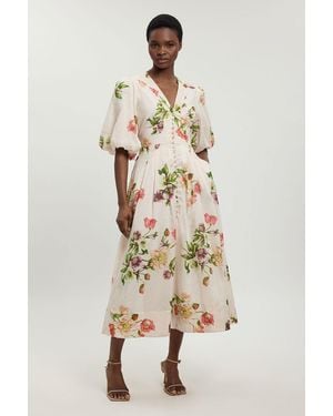 Karen Millen Silk Cotton Floral Puff Sleeve Midi Dress - Natural