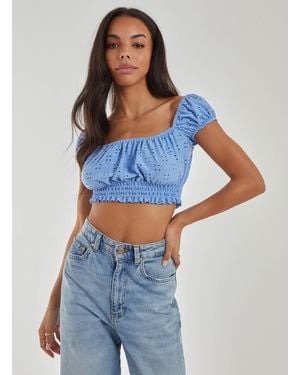 Pink Vanilla Square Neck Cropped Broderie Top - Blue