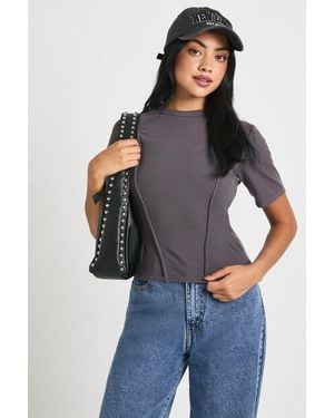 Boohoo Rib Cinched Waist Seam Detail Fitted Top - Blue