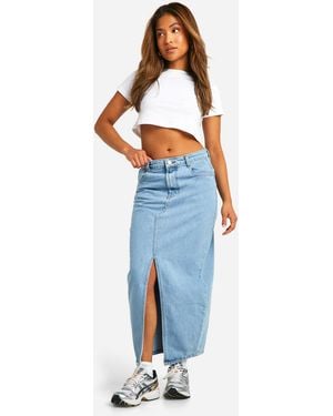 Boohoo Petite Split Front Denim Maxi Skirt - Blue