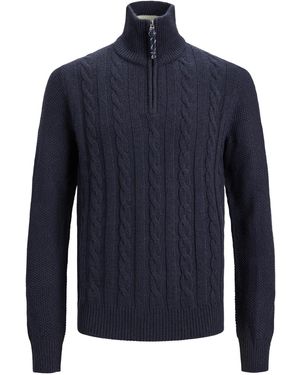 Jack & Jones Jumper Pullover Long Sleeve With Knitted Turtle Zip, Blazer - Blue