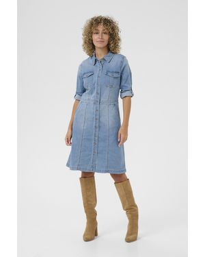 Cream Denim Dress Feminine Silhouette - Blue