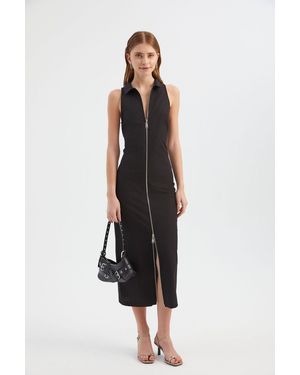 Hiccup Polo Neck Zip-Up Maxi Dress - Black