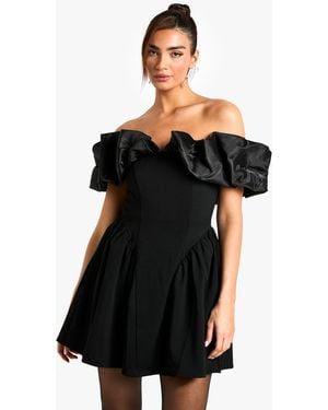 Boohoo Extreme Taffeta Ruffle Bardot Structured Skater Dress - Black