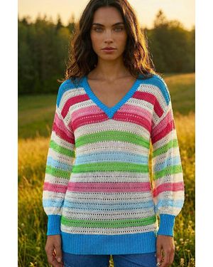 Roman Stripe V-Neck Knit Jumper - Blue