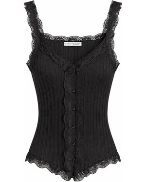 MixRay Fitted Sleeveless Lace Ribbed Blouse With Buttons - Black