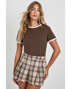 Boohoo Box Pleat Check Mini Skirt - Brown
